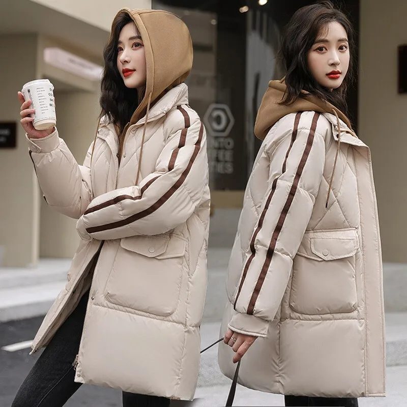 [] Fake Two Piece Color Blocked Down For Women's Winter Clothing, Medium Long, Thick Hooded Cotton Jacket, Cold Proof Jacket