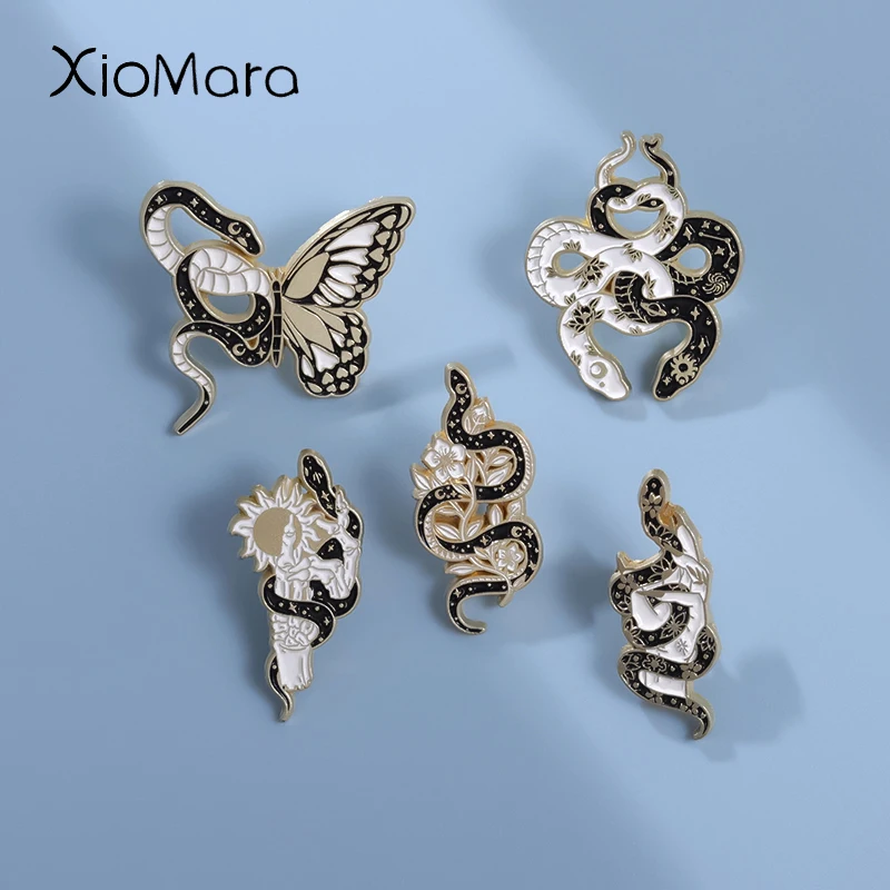 Alfileres creativos de mariposa y serpiente esmaltados, divertidos broches enrollados de serpiente, sol, Luna, insignias de solapa, regalo de joyería de animales Punk
