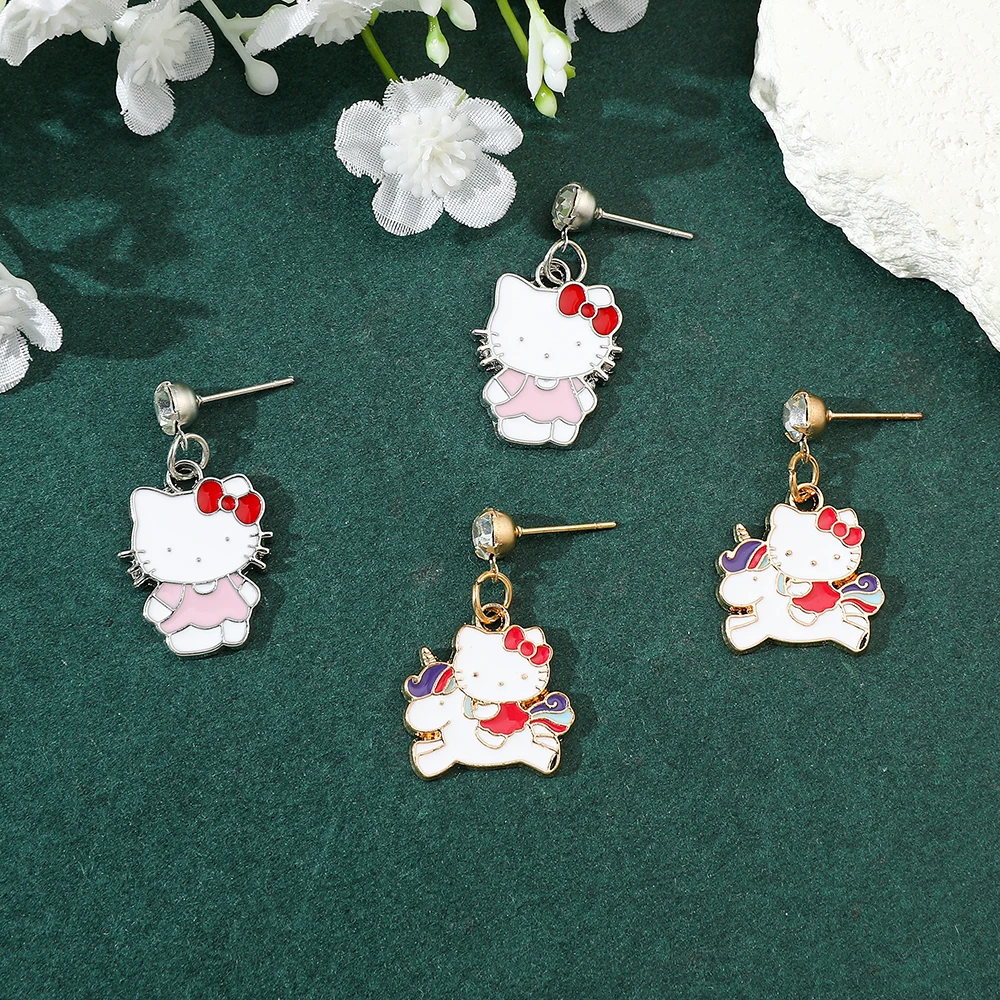 Creative  Cartoon Hello Kitty Earrings Fashion Rhinestone Earrings Cute Rainbow Unicorn Earrings Gifts