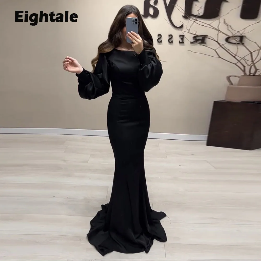 

Eightale Formal Women's Evening Dresses Arabic O-Neck Black Long Sleeves Dubai Satin Mermaid Party Prom Gowns robe de soirée