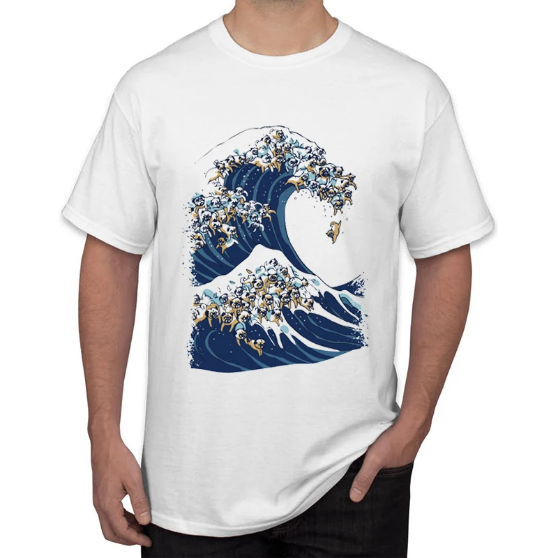 Hot Sales Hipster The Great Wave of Pug Print Men T-Shirt Fashion Cat& Sloth Design Tops Short Sleeve O-Neck Tee