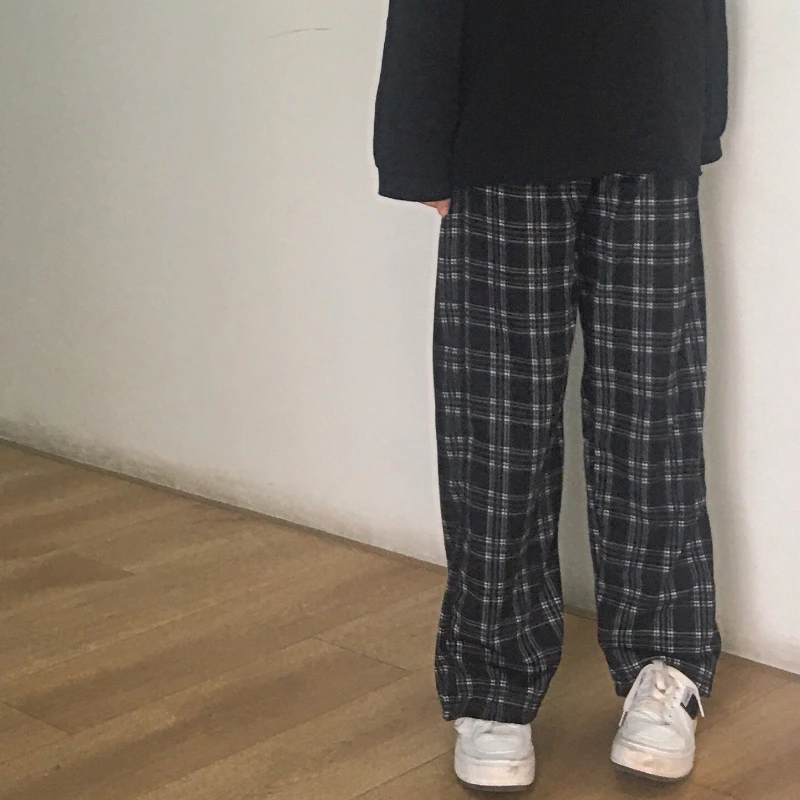 

Клетчатые брюки женские весенне-осенние винтажные мешковатые универсальные шикарные модные уличные брюки с высокой талией Harajuku S-3XL с широкими штанинами повседневные
