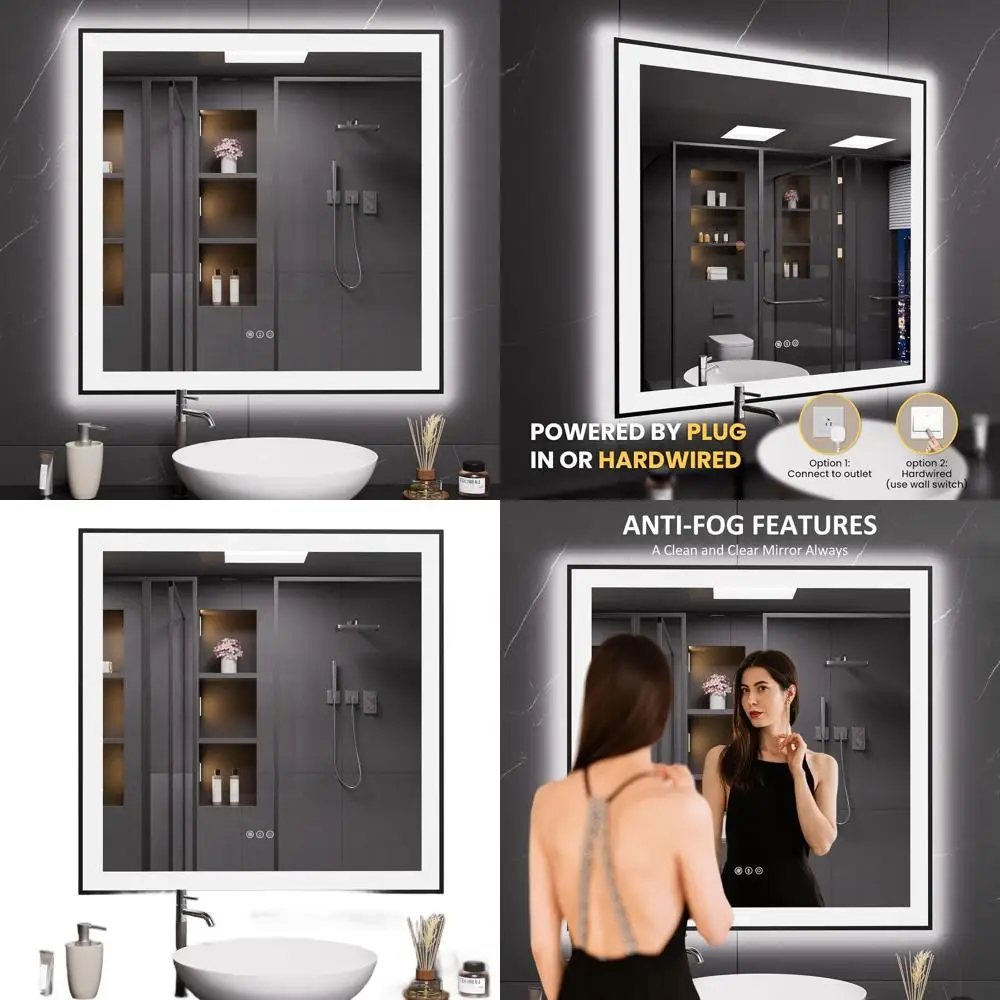 Miroir de salle de bain éclairé par 32 LED encadré noir avec antibuée, éclairage à intensité variable et verre trempé