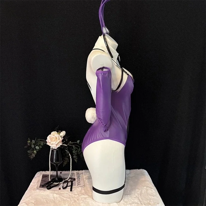 

Новые сексуальные аниме костюмы кролика для девочек, женские кожаные сетчатые фиолетовые боди, школьное нижнее белье для девочек, ночная рубашка, наряд, одежда на Хэллоуин