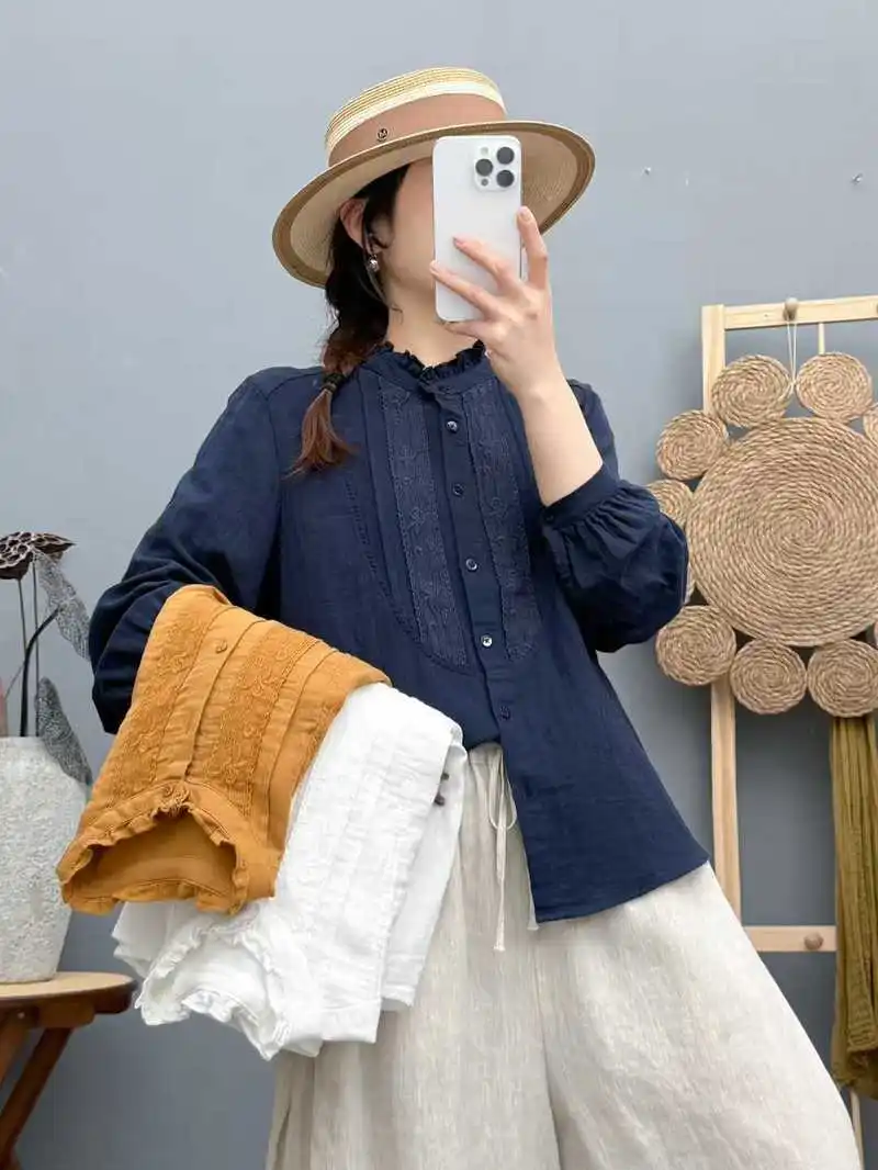 Ropa Vintage Mori Girl de hilo de algodón, camisas y blusas bordadas en azul marino, blanco y naranja para mujer, Tops de manga larga 2026