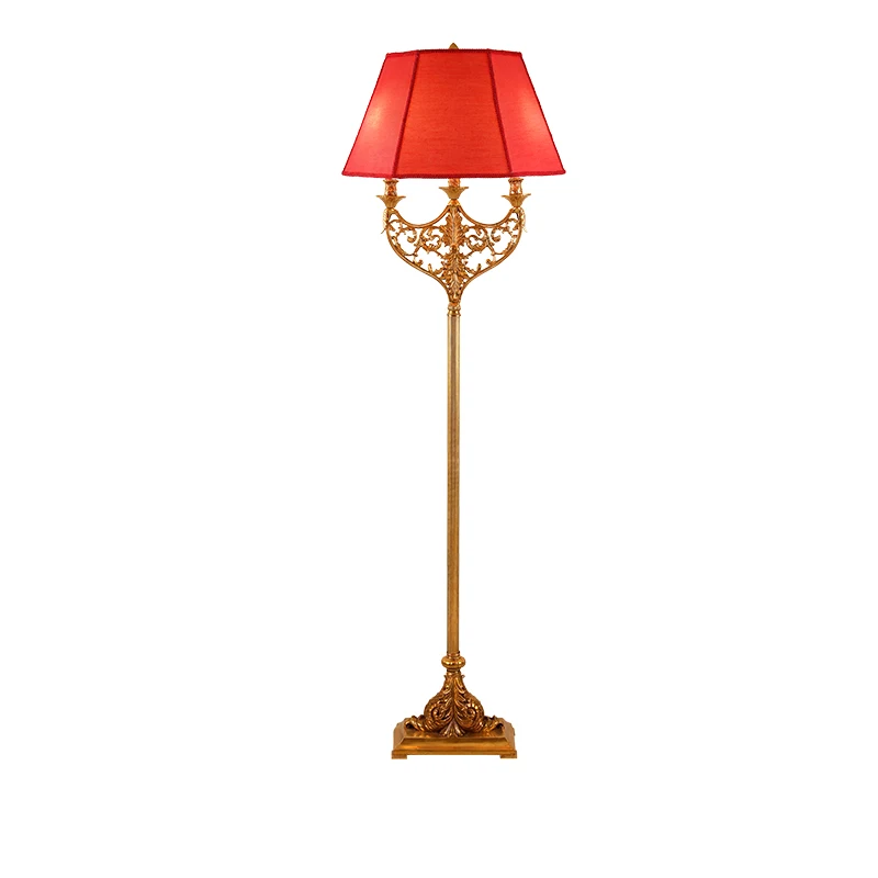 

French Style Living Room Corner Sofa Edge Copper Floor Lamp Luxury Red Fabric Brass Study Standing Light