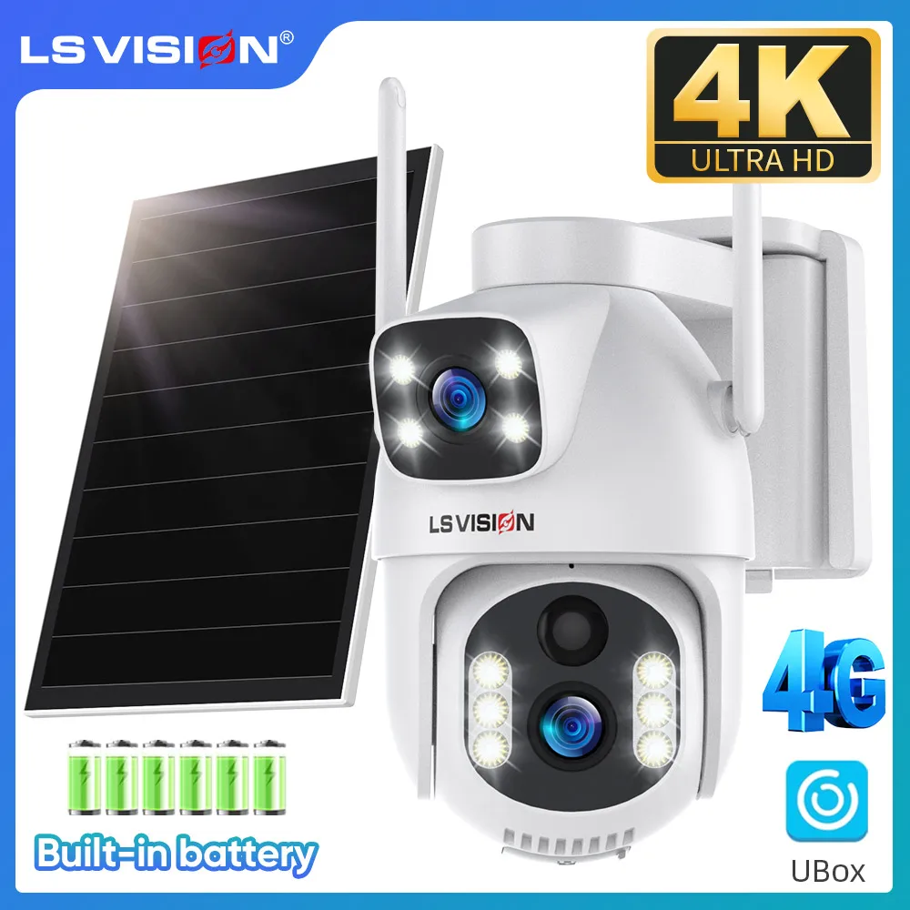 

LS VISION 4G Solar Powered Camera Dual Screen Outdoor 8MP PIR Detection Color Night Vision Auto Tracking Security Cam Ubox App