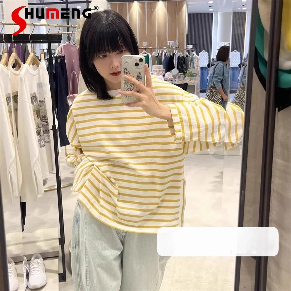 

2025 New Japanese Fashion Casual Long Sleeve Striped Top Spring Autumn New Girls Women's Loose Slim Round Neck Cotton T-Shirt