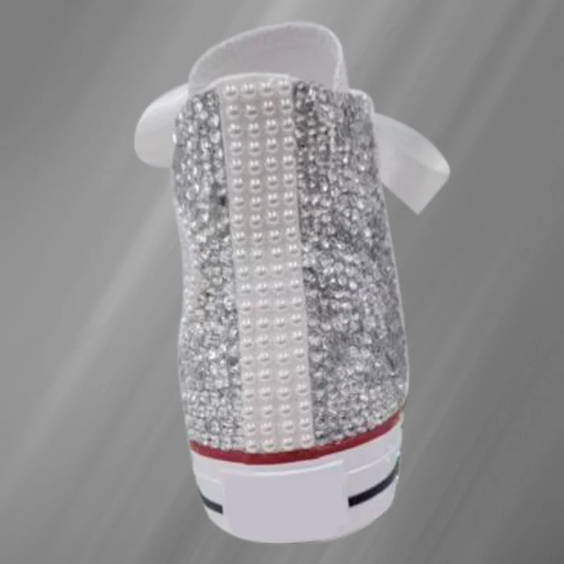 High-top canvas shoes white ribbon rhinestone comfortable walking shoes handmade rhinestones neutral vulcanized shoes 35-46