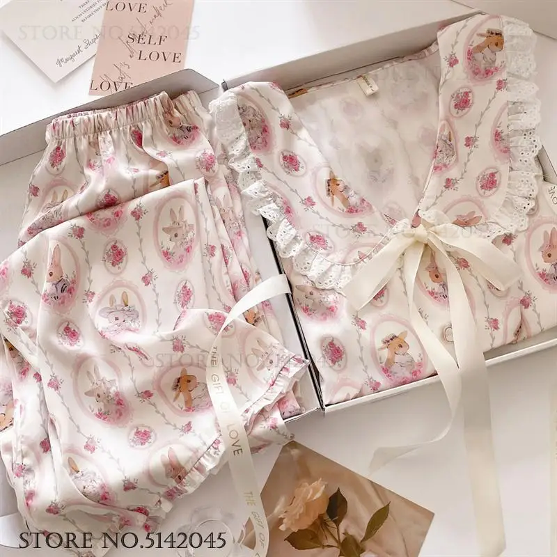 

Long Sleeve 2PCS Pjs Trouser Suits Sweet Cute Print Cartoon Sleepwear Pyjama Pour Femme Spring Autumn New Satin Home Clothes