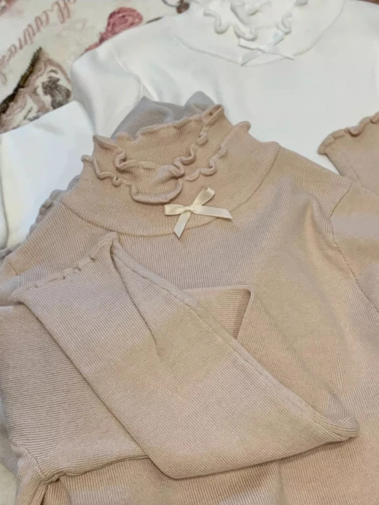 Harajuku اليابانية أنيقة ضئيلة أعلى المرأة القوس نصف الرقبة العالية قاعدة قميص الخريف الشتاء لوليتا الطبقة الداخلية الحلو الزي الموضة #6