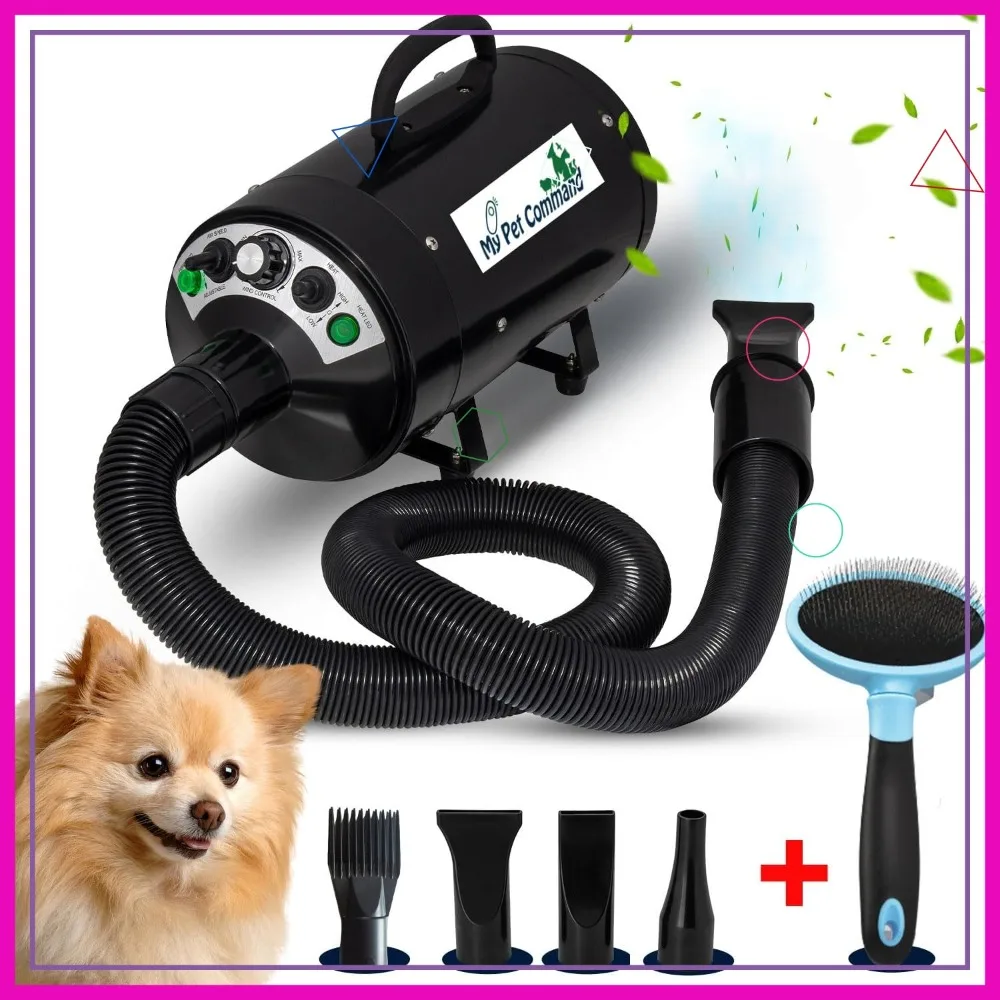 

Ultra Quiet Dog Dryer Blower, Adjustable Hot & Cold Airflow, 110V 500W-2800W 4.5HP, with Accessories