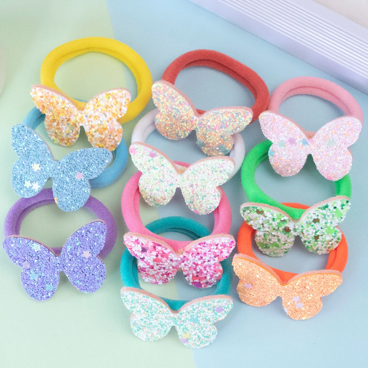 10pcs Children Hair Accessories Cartoon Bytterfly Elastic Bands Baby Nylon Hairbands Star Heart Hair Ties Cute Girls Headdress