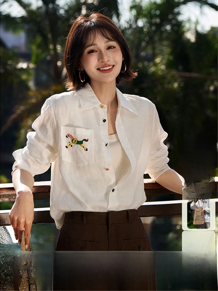 

Elegant Women's Linen Shirt Rainbow Single Button Pocket Embroidery Casual Fashion OL Style Loose Fit Long Sleeve Breathable