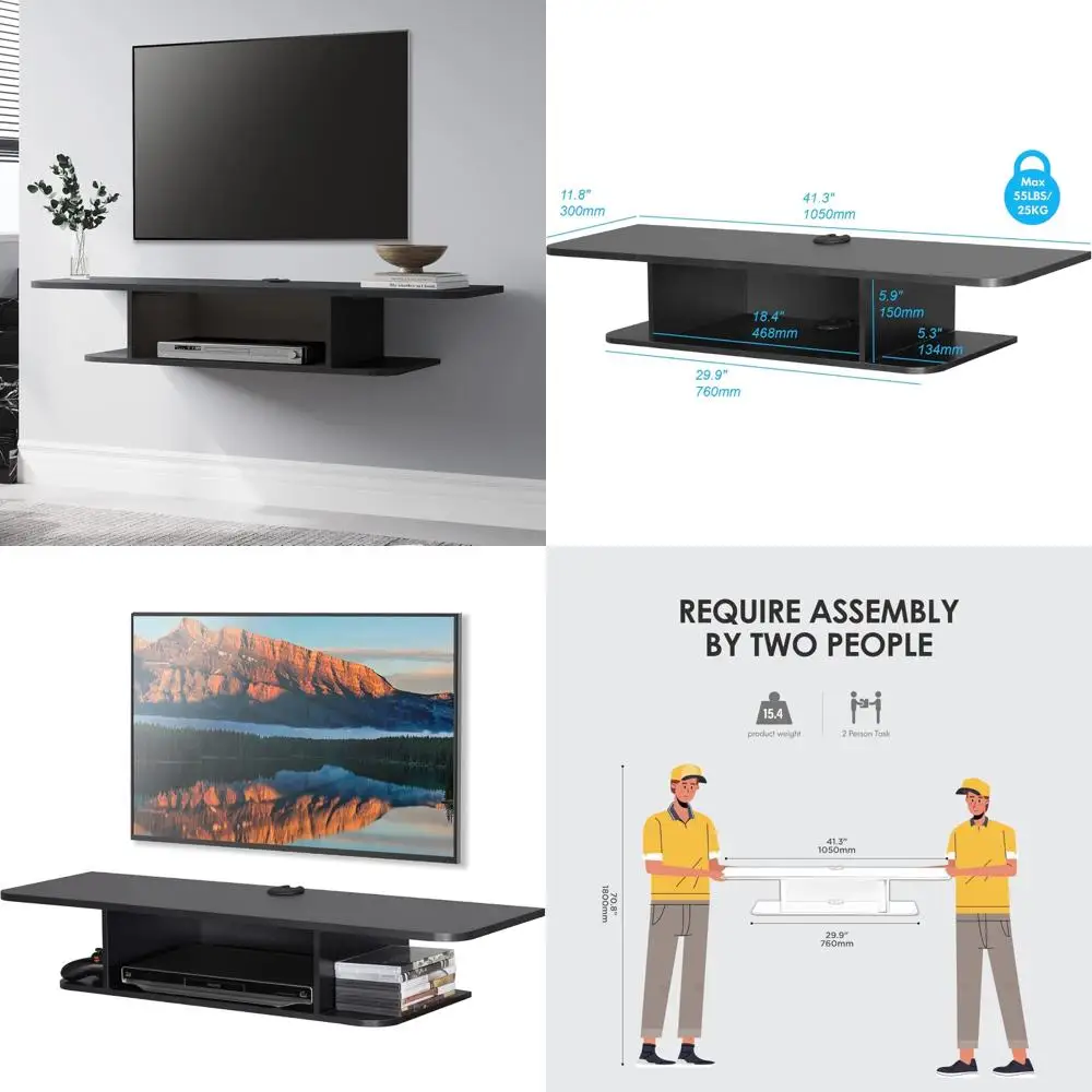 

Wall-Mounted 2 Tier TV Stand for Living Room Entertainment, Black, Floating Shelves Under TV