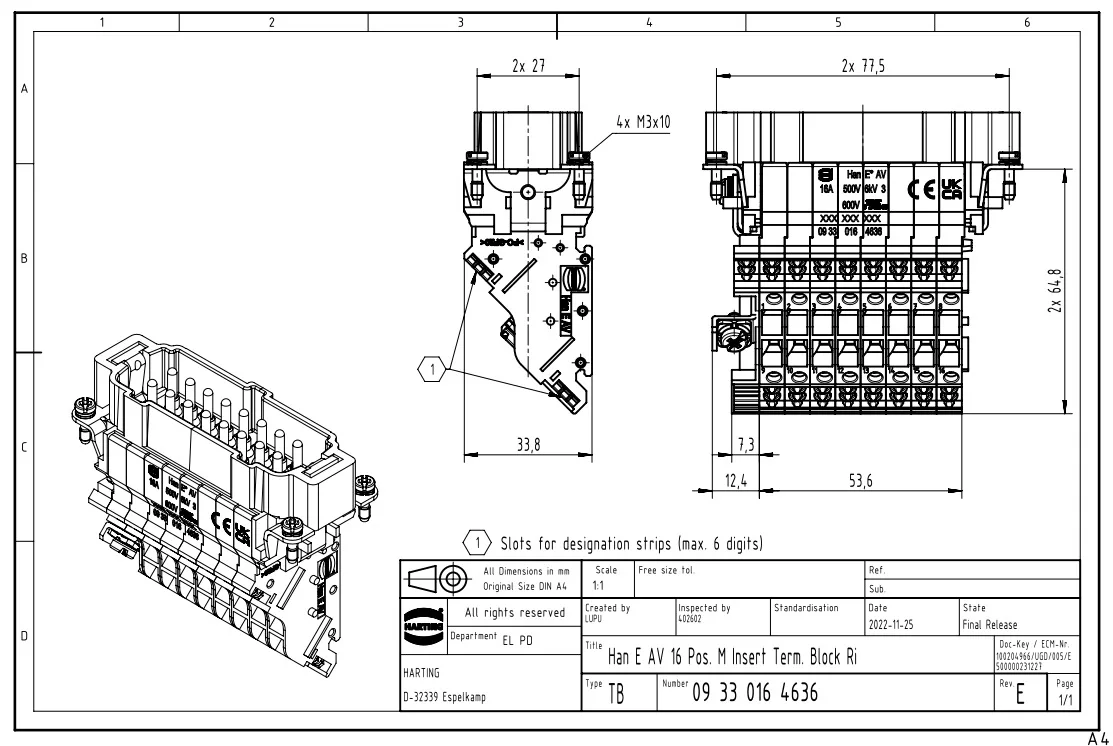 09330164636 HARTING 16a16-контактный Штекерный контактный разъем с болтовым соединением