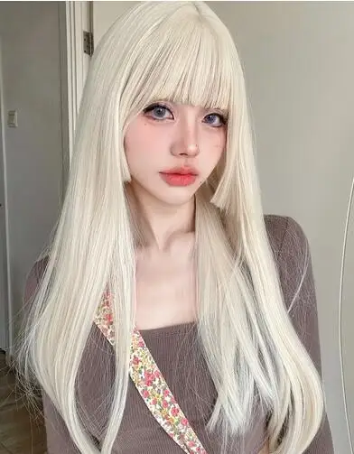 

26Inch Blonde Platinum Golden Synthetic Wigs With Bang Long Natural Straight Hair Wig for Women Hime Cut Cosplay Heat Resistant