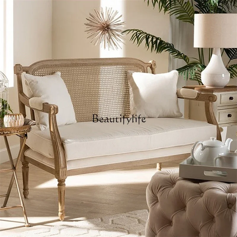 

French American solid wood light luxury braided rattan double sofa oak simple log