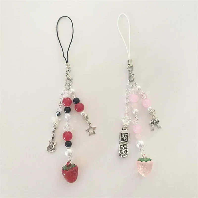 Pink & Red Strawberry Nana Inspired Phone Charms Guitar star Cell Phone & bow Handmade Kawaii Coquette Grunge Anime Y2K Keychain