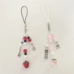 Pink & Red Strawberry Nana Inspired Phone Charms Guitar star Cell Phone and bow Handmade Kawaii Coquette Grunge Anime Y2K Keychain