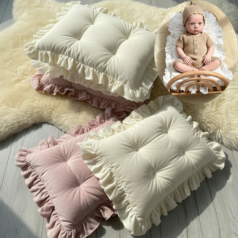 Lot de 2 oreillers et matelas à volants pour photographie de nouveau-nés, accessoires de pose doux pour bébé, coussin de lit pour séance photo en studio