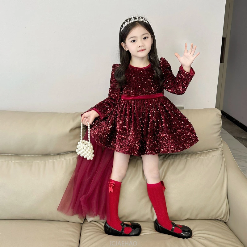 Wed Dress Children Birthday Bow Train Tulle Party Gown Wedding Flower Girl  Winter Kids Girls Glitter Fleece Princess Dresses