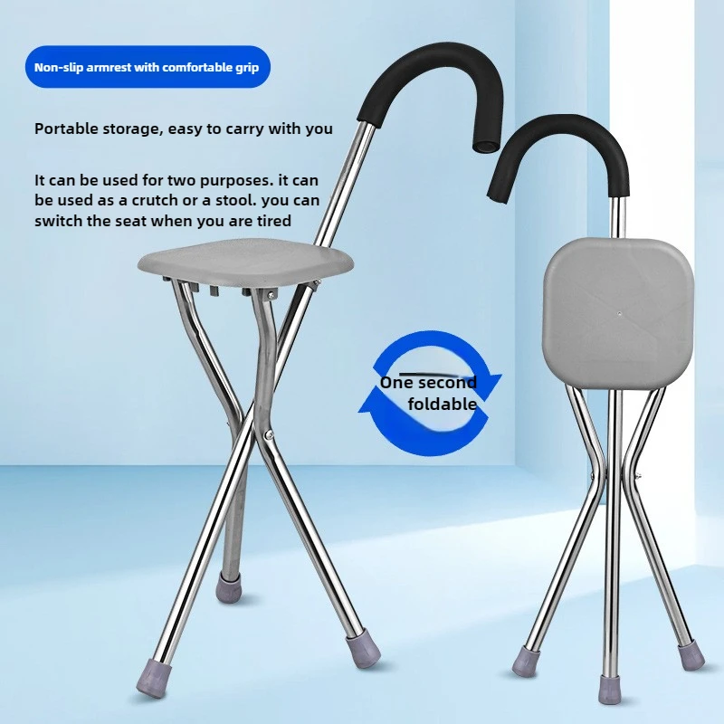 Stainless Steel Foldable Walking Cane Chair Multi-Purpose Sturdy Walking Cane Anti-Slip Outdoor Cane Seat Compact Walking Stool