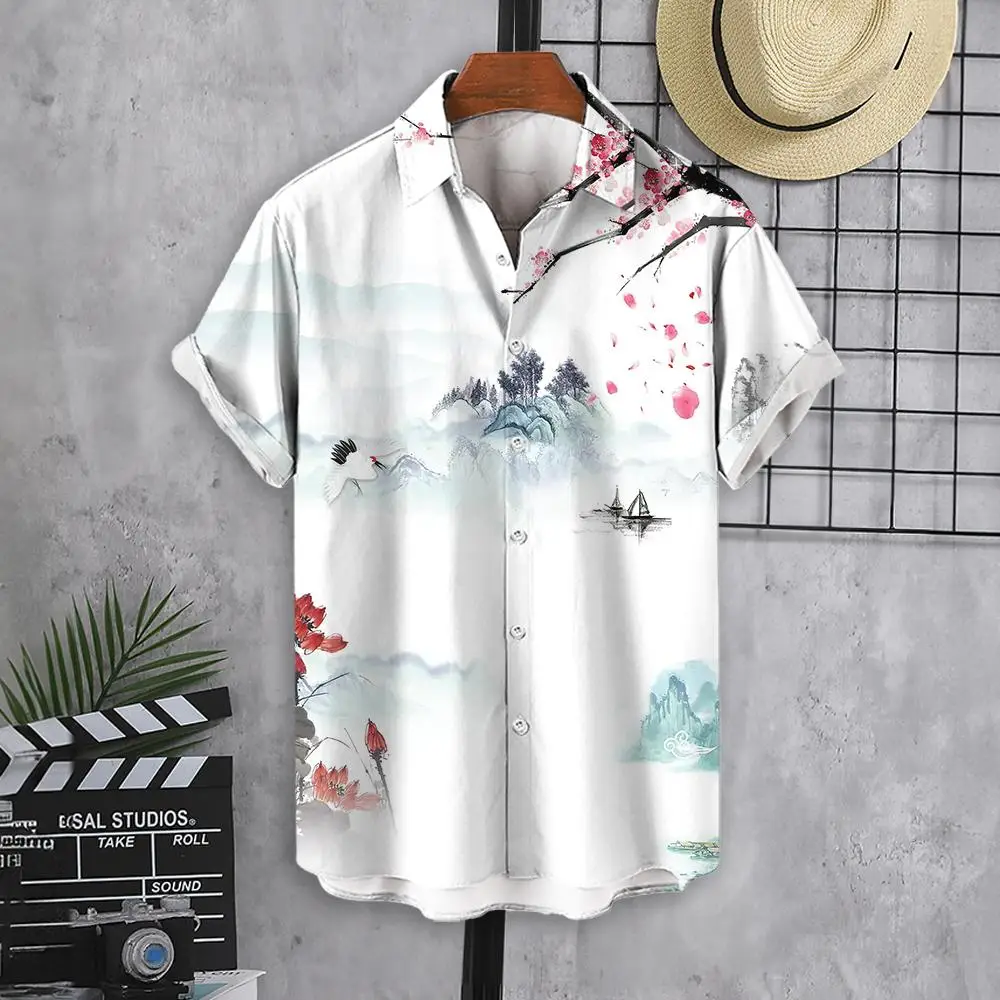 2024 Men's Hawaiian Summer New Digital Printed Chinese Style Plum Blossom Shirt Refreshing Casual Short Sleeve Shirt