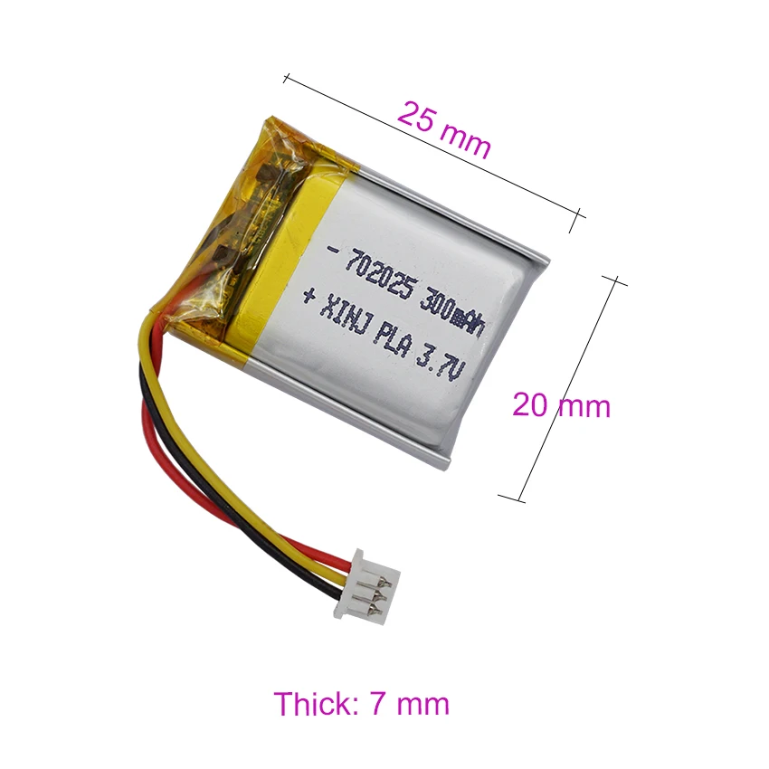 2pcs 3.7V 300mAh 1.11Wh Rechargeable Li Li-ion Replacement Battery 702025 JST 3pin 1.25mm Connector For Bluetooth Speaker