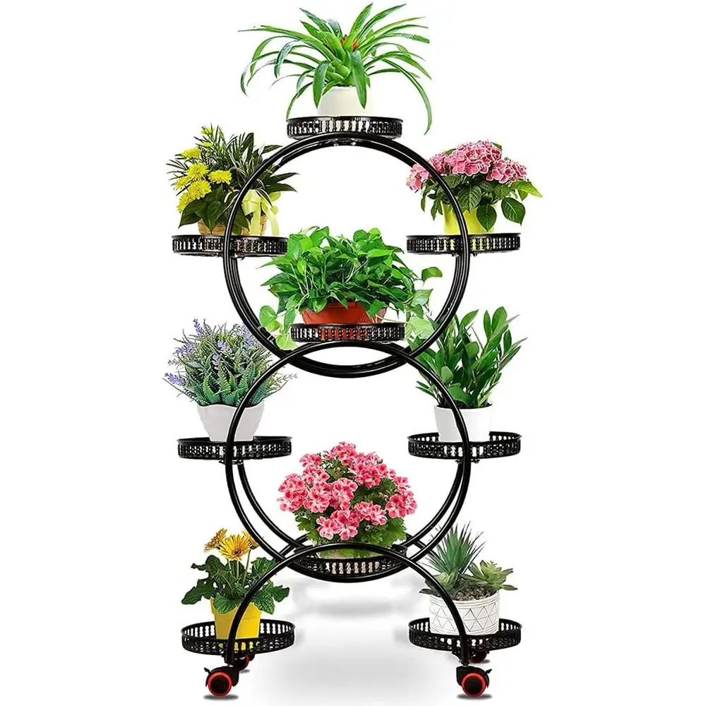 

6-Tier Black Metal Plant Stand with 9 Pots for Creative Garden and Balcony Decor
