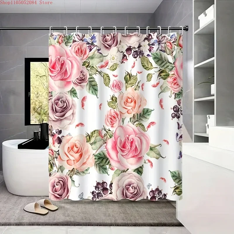 1pc large group flower print curtain waterproof shower  -   With Hooks Waterproof Mildew Proof Easy Install Washable 180x180cm