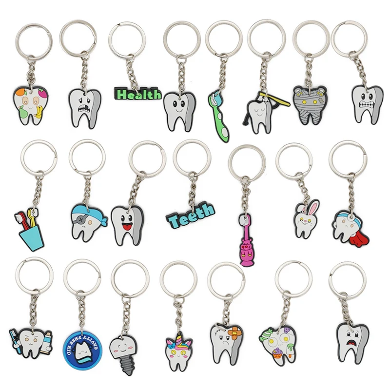 10Pcs PVC Keychain Cute Cartoon Teeth Toothbrush Keyholder Keyring Keys Pendants Charm Dentist Gift Kids Toy Handbag Accessories