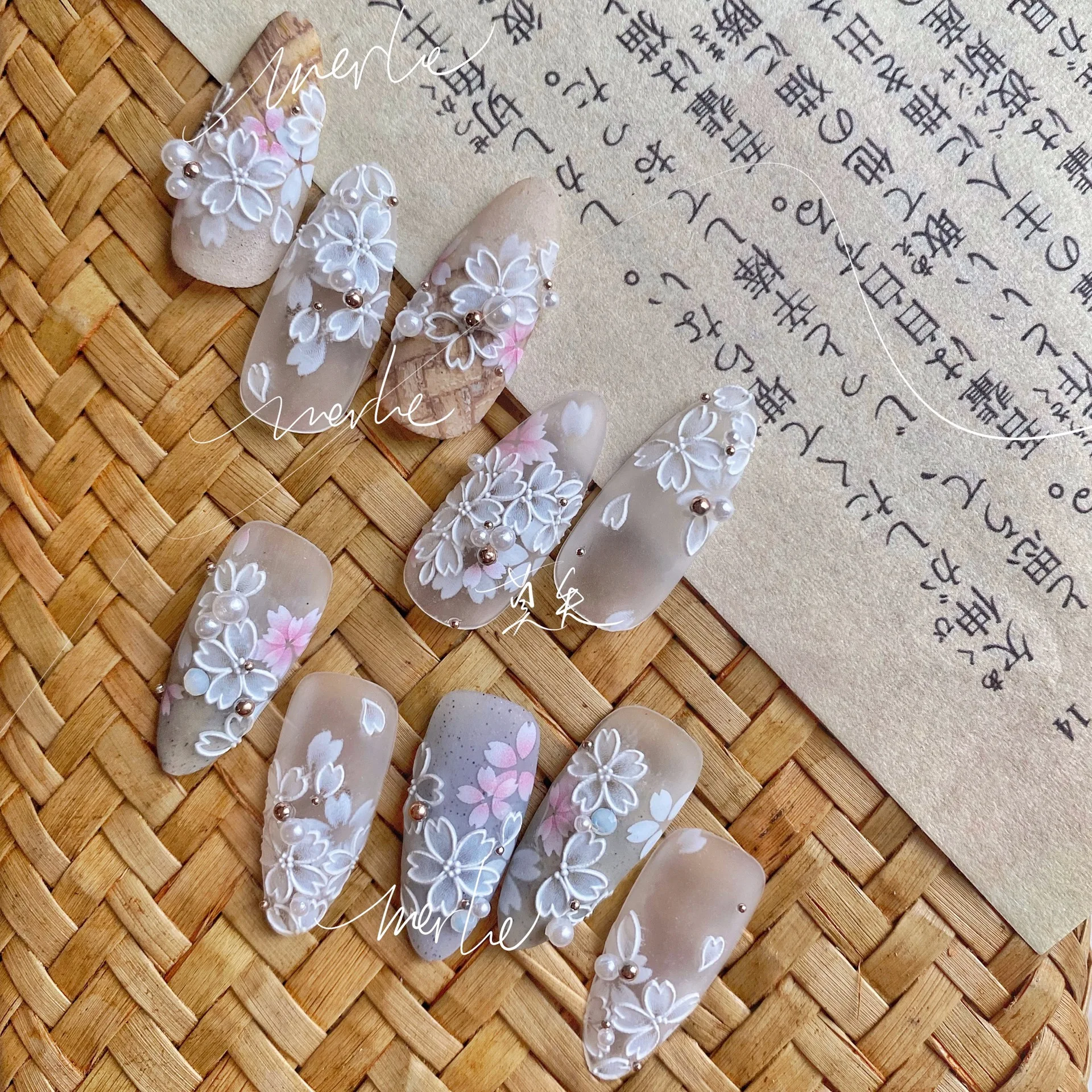 1Pcs Classic White Flowers Nail Sticker Pink Cherry Blossom Green Grid Element Design Self Adhesive Nail DIY Decorative Stickers
