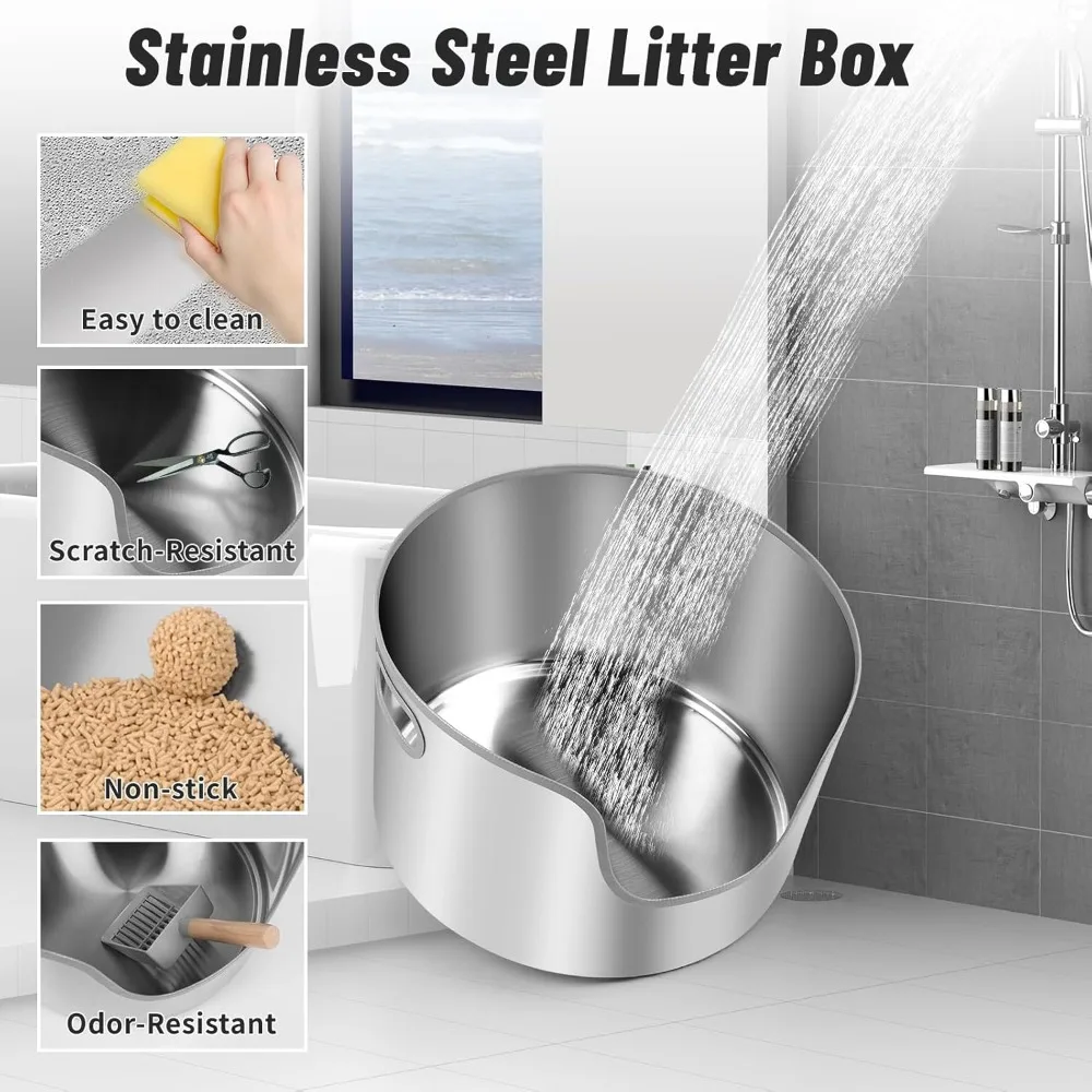 صندوق نفايات القطط كبير مستدير عالي الجوانب من الفولاذ المقاوم للصدأ مع مغرفة ودواسة فلتر وحصيرة فضلات لسهولة التنظيف