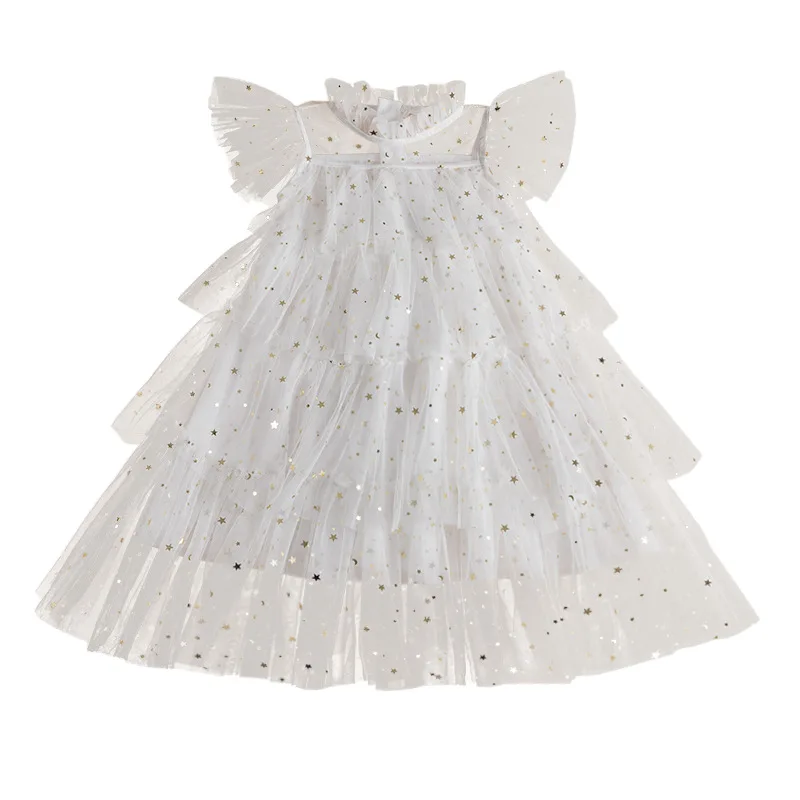 Girls Tulle Summer New Princess Dresses Fly Sleeve Sequined Star Ruffle Mesh Layered Dress Children Birthday Party Girl Vestidos