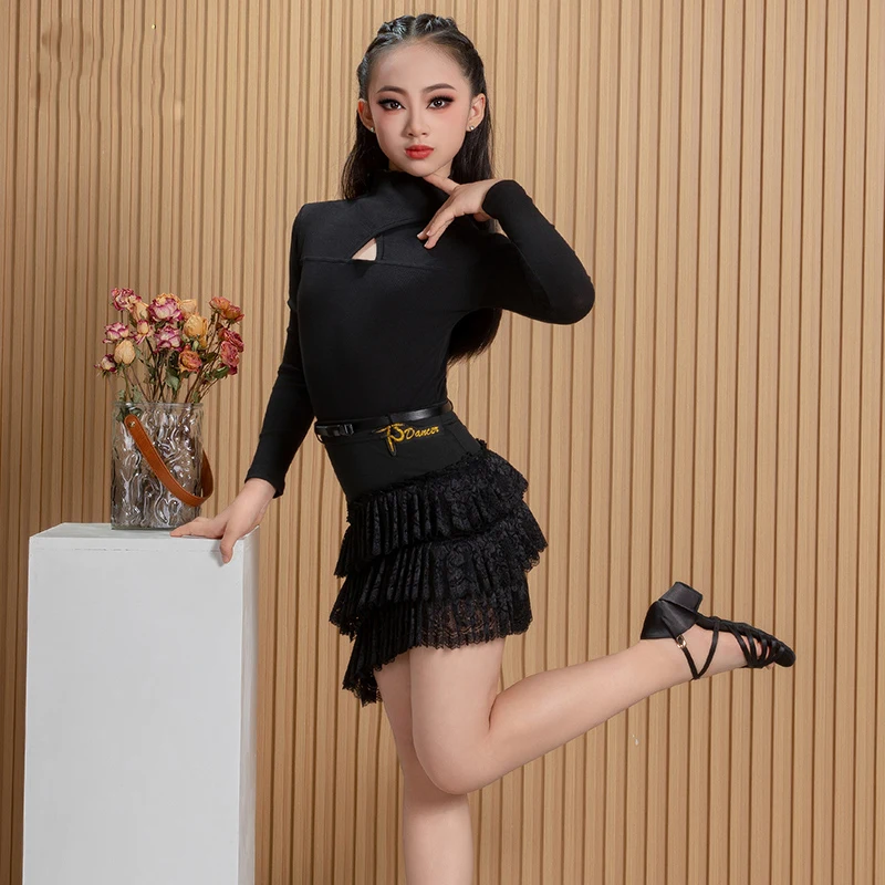 Nova malha dança latina crianças e meninas bolo saia competição elegante roupas de prática