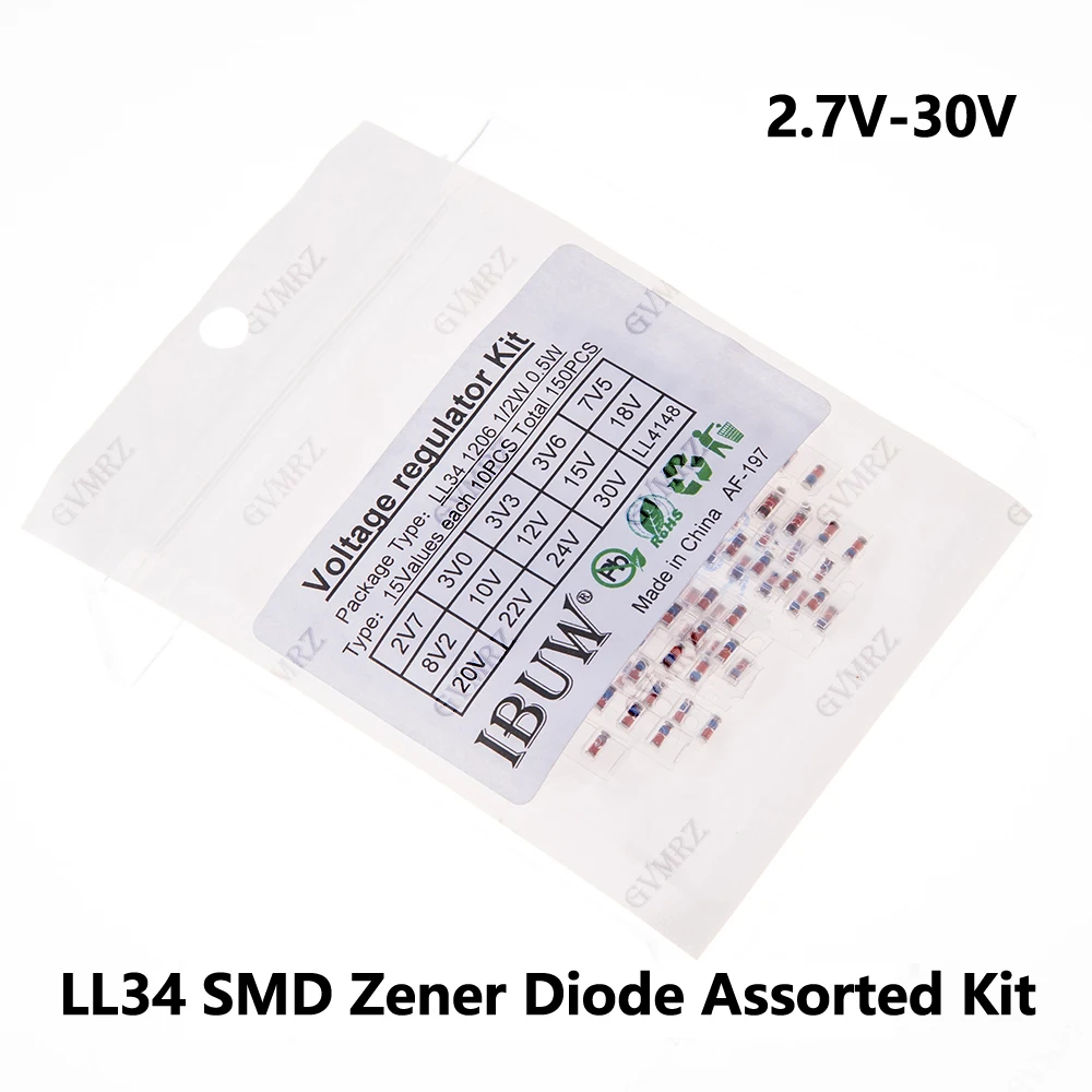 15Value *10pcs=150pcs LL34 2.7V 3.3V 7.5V 8.2V 10V SMD Zener Diode Assorted Kit 0.5W 2.7V-30V And LL4148 12V 24V 30V Component