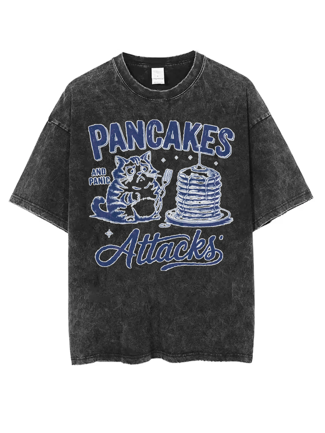 

Pancakes and Panic Attack Black Washed Round Neck T-Shirt Loose Comfortable Fit Perfect for Men Women for Winter Christmas