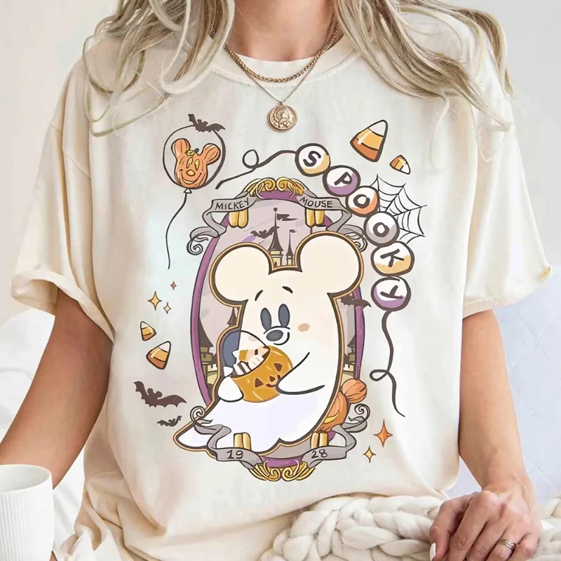 

Одинаковая футболка для пары Disney с Микки и Минни на Хэллоуин, рубашка с призраком Микки Мауса, рубашки с призраком Микки, женский топ жуткого сезона