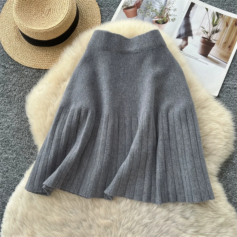 Damen-Strick-Minirock mit hoher Taille, plissierter Swing-Rock, Herbst-Winter, warm, weich, A-Linien-Rock, Damen-Freizeitkleidung, Alltagsbekleidung, Unterteil 644 – Detail 6