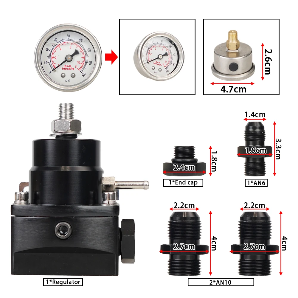 Adjustable Fuel Pressure Regulator with Oil Gauge With AN8/10 Feed Fitting & AN6 Return Line Fitting & AN8/10 End Cap