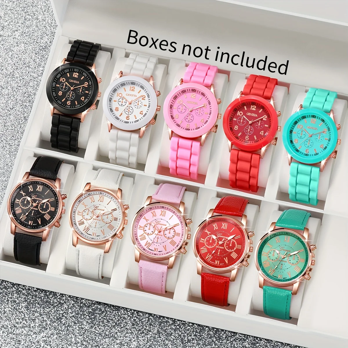 10 pcs  Fashion Women's Watch Set Candy Color Casual Silicone Strap and PU Strap Quartz Watch Set