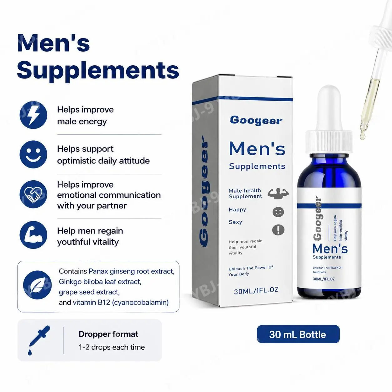 Googeer Men's Energy Drops with Panax Ginseng Root, Ginkgo Biloba Leaf, Grape Seed Extract, Vitamin B12, Vitality Support, 30 mL