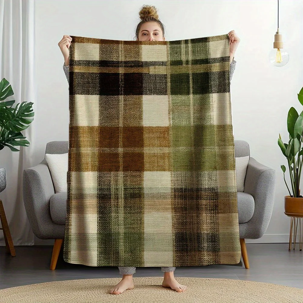 1pc Vintage Plaid Flannel Blanket - Green and Brown Mix, Soft Lightweight Foldable All-Season Use for Sofa Home Decor, Patchwork