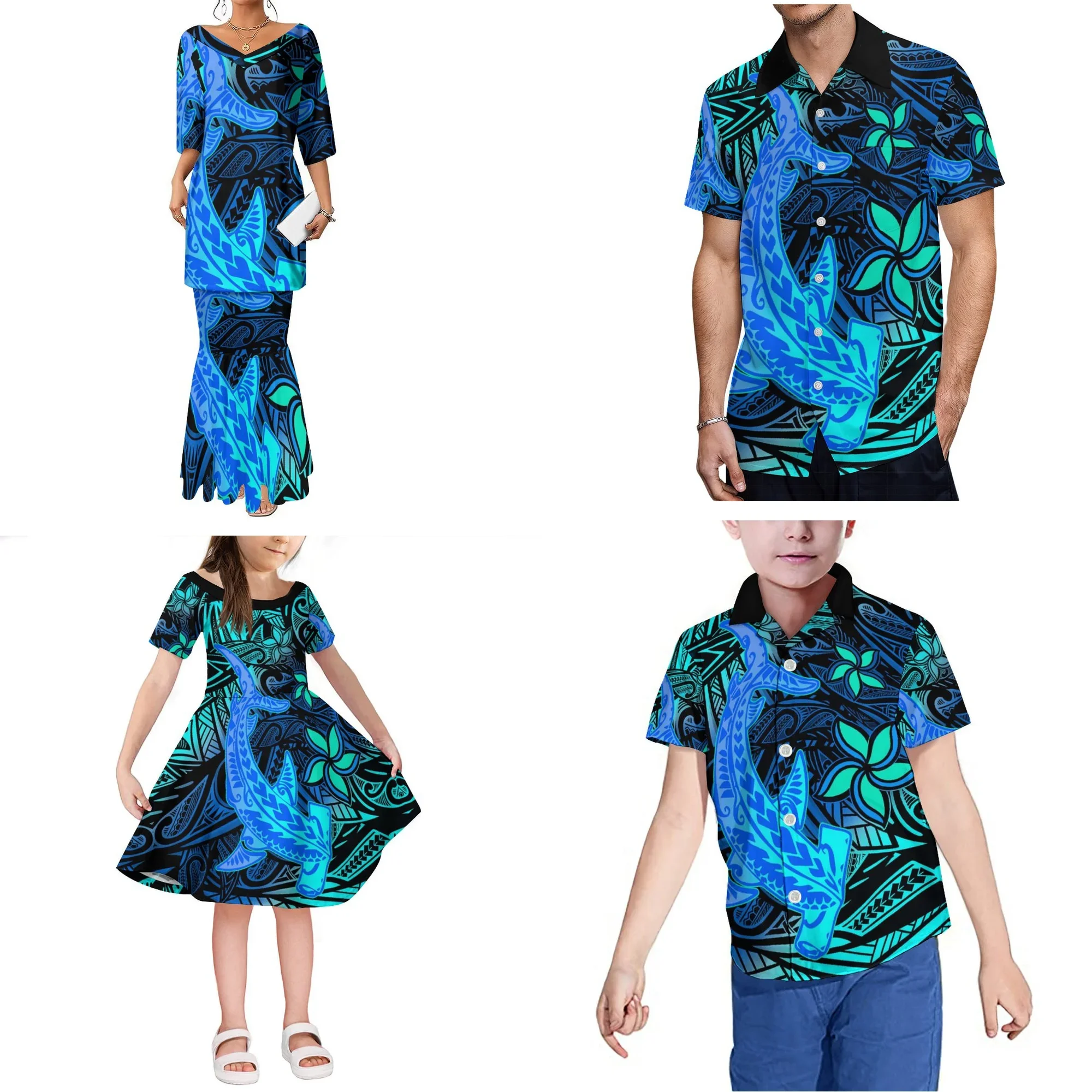 

Wholesale Custom Polynesian Tribal Printed 2 Piece Set Fishtail Dress V Neck Samoan Puletasi Womens Top And Mermaid Skirts