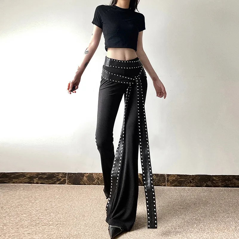 Women's Metallic Punk Style Black Bell Bottom Pants 90s Modern Girl Retro Street Sexy Skinny Female Bell-bottom Trousers