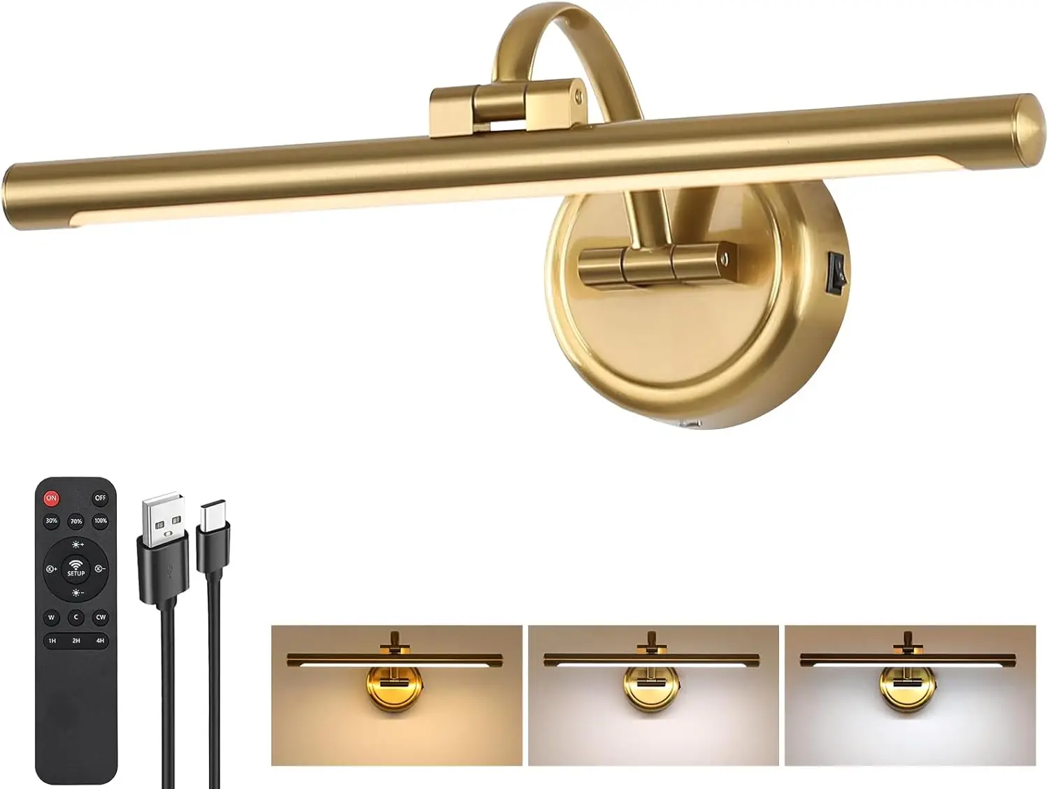 

Battery Operated Picture Light for Wall Art, 3 Colors & Dimmable, Wireless with Remote, 15.7in Brass