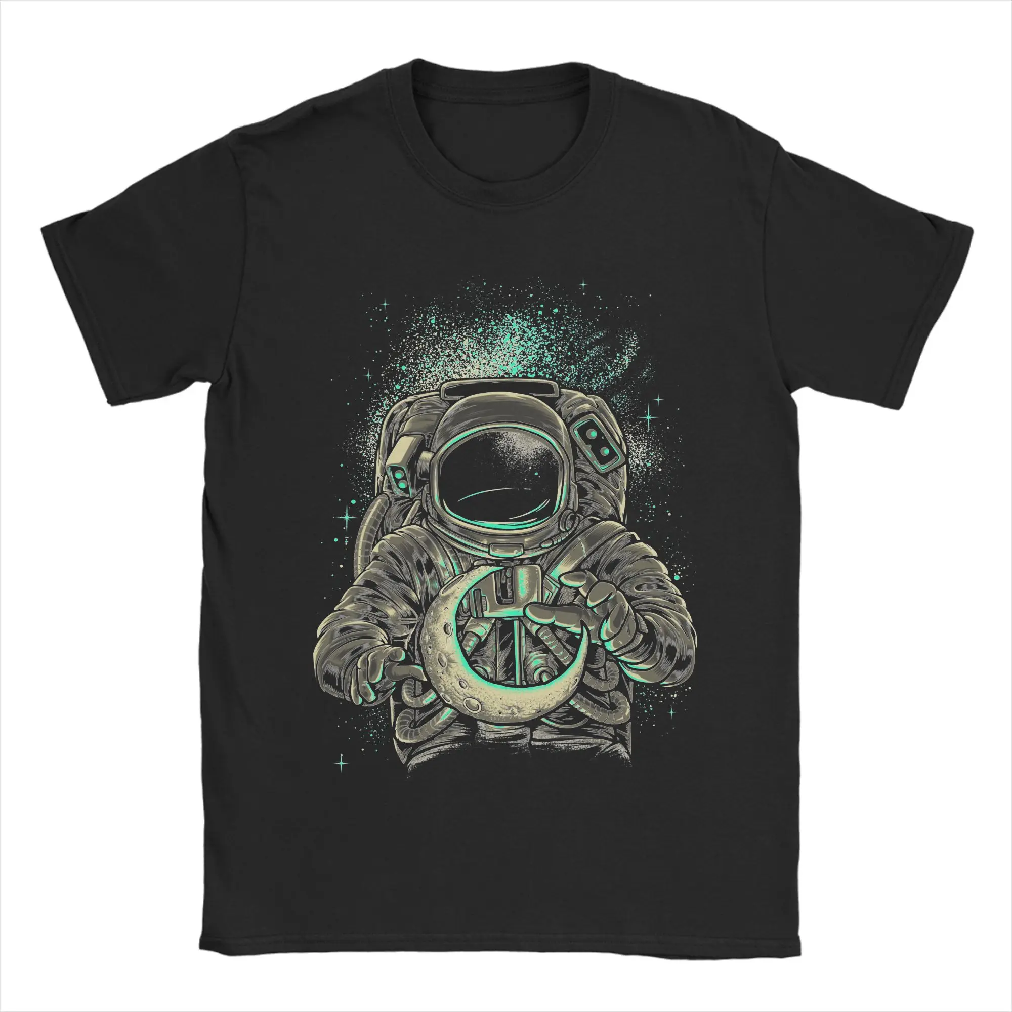 

Moon Keeper T Shirts for Men Pure Cotton Funny T-Shirt Round Neck Space Stars Spaceman Astronaut Tees Short Sleeve Clothing