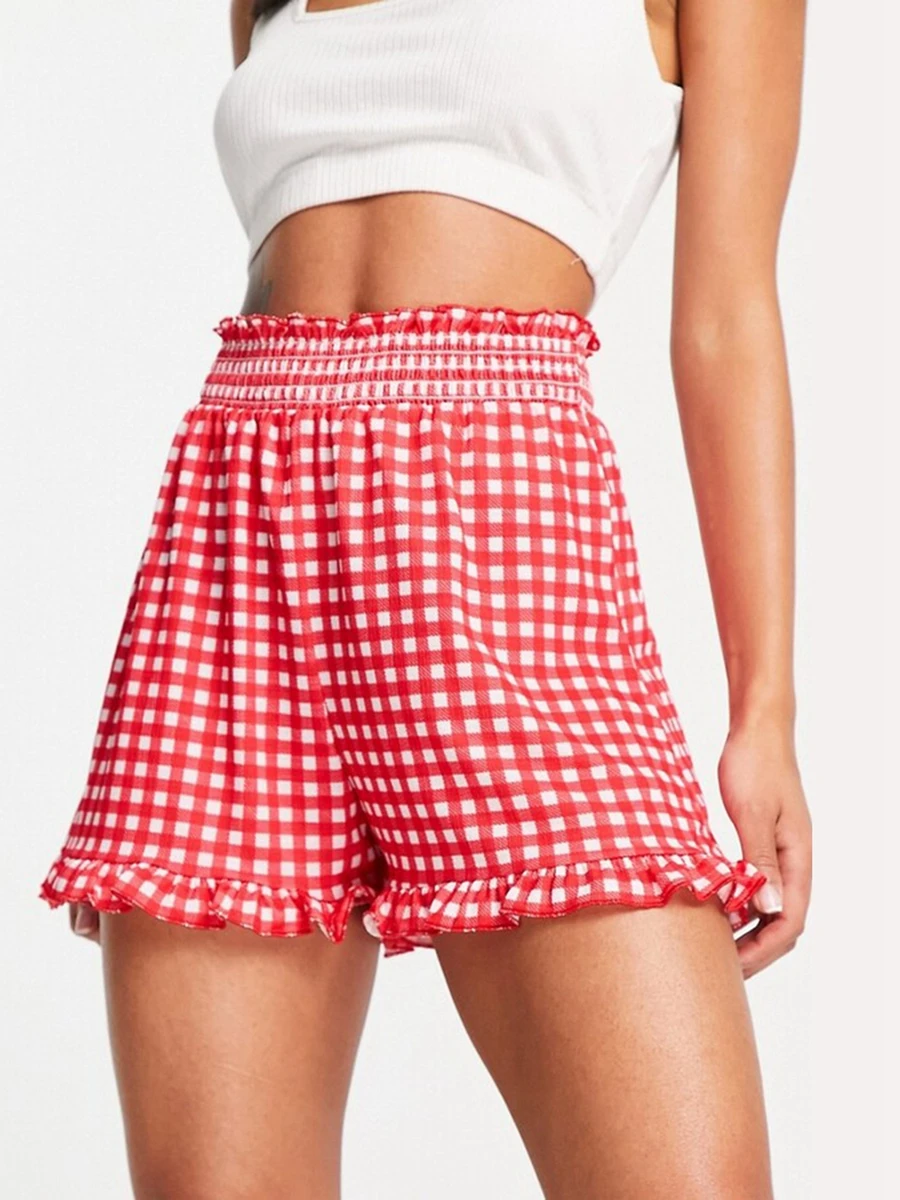 

Women s Summer Casual Boxer Shorts Elastic Waistband Wide Leg Plaid Shorts Streetwear