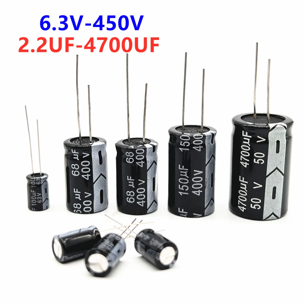 Electrolítico de aluminio, 6,3 V, 10V, 16V, 25V, 35V, 50V, 400V, 450V, 1UF, 2,2 UF, 4,7 UF, 1000UF, 10UF, 470UF, 22UF, 33UF, 47UF, 100UF, 220UF condensador